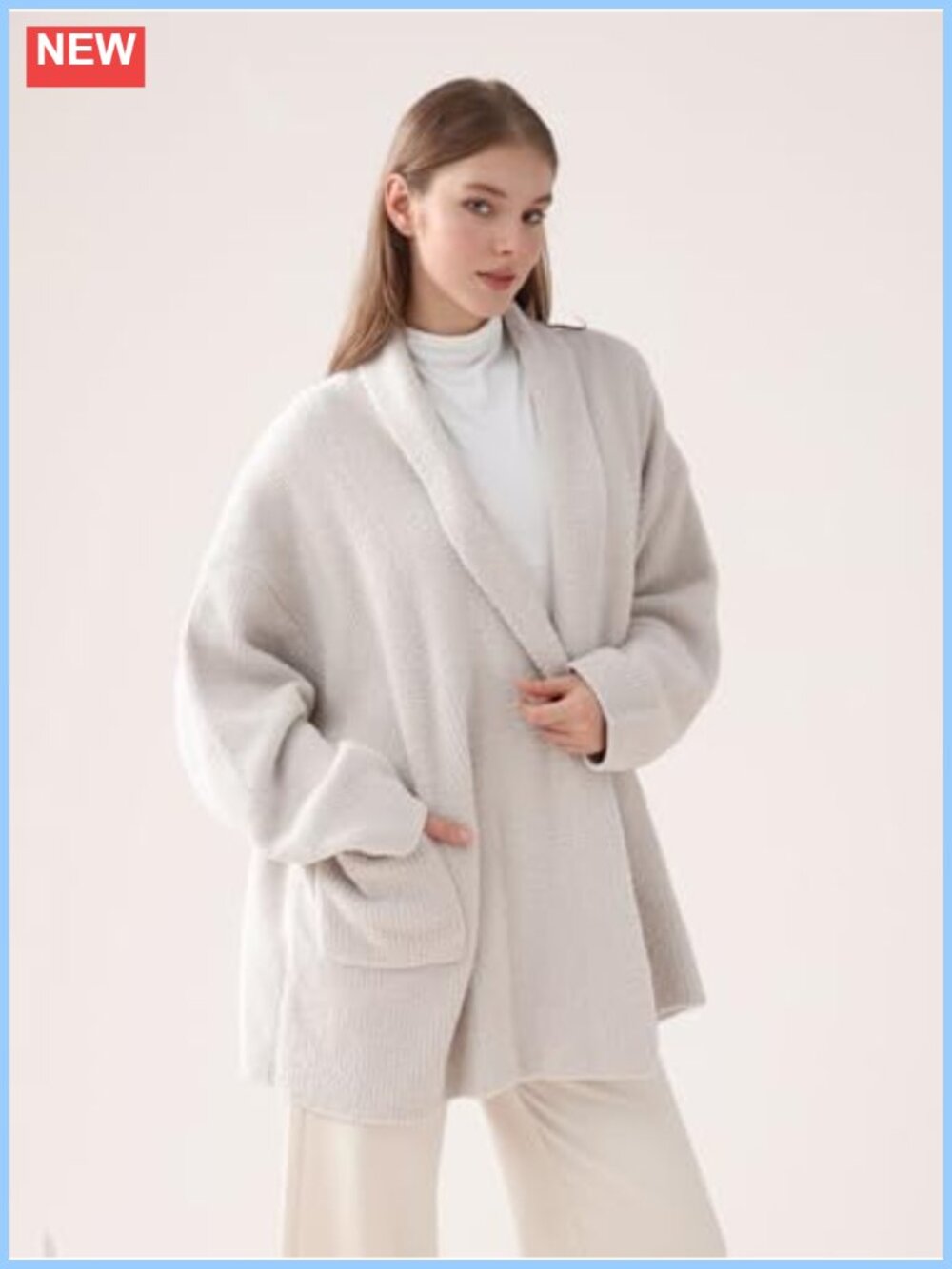 Oversized Ribbed Knit Open Front Cardigan with Pockets - Picture 2 of 6